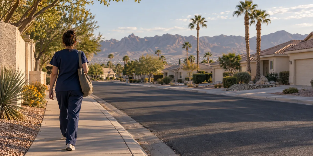 Illustrative scene of a healthcare professional walking through a Nevada neighborhood after work.