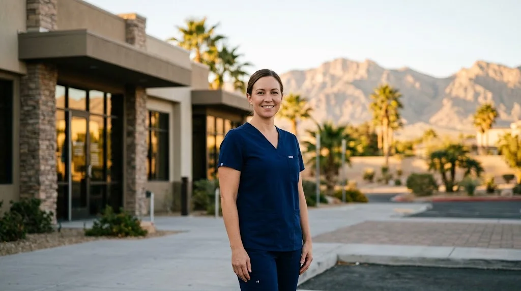 A smiling nurse in navy scrubs outside a Las Vegas clinic with the mountains behind her