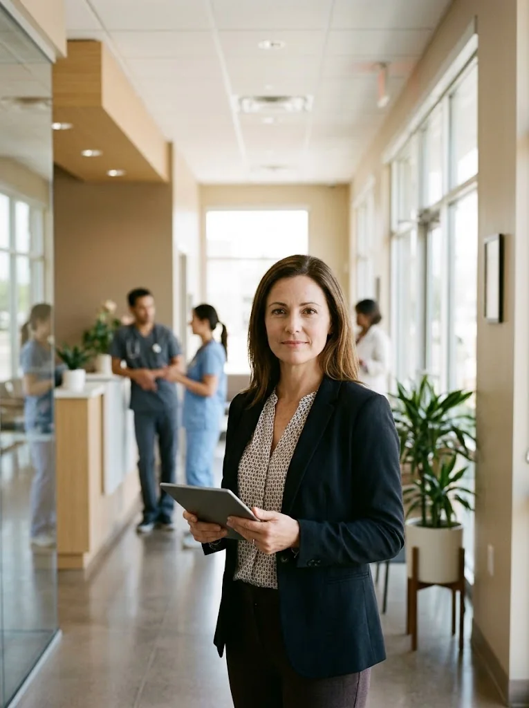 A clinic practice manager holding a tablet in the hallway of a busy, well-run practice