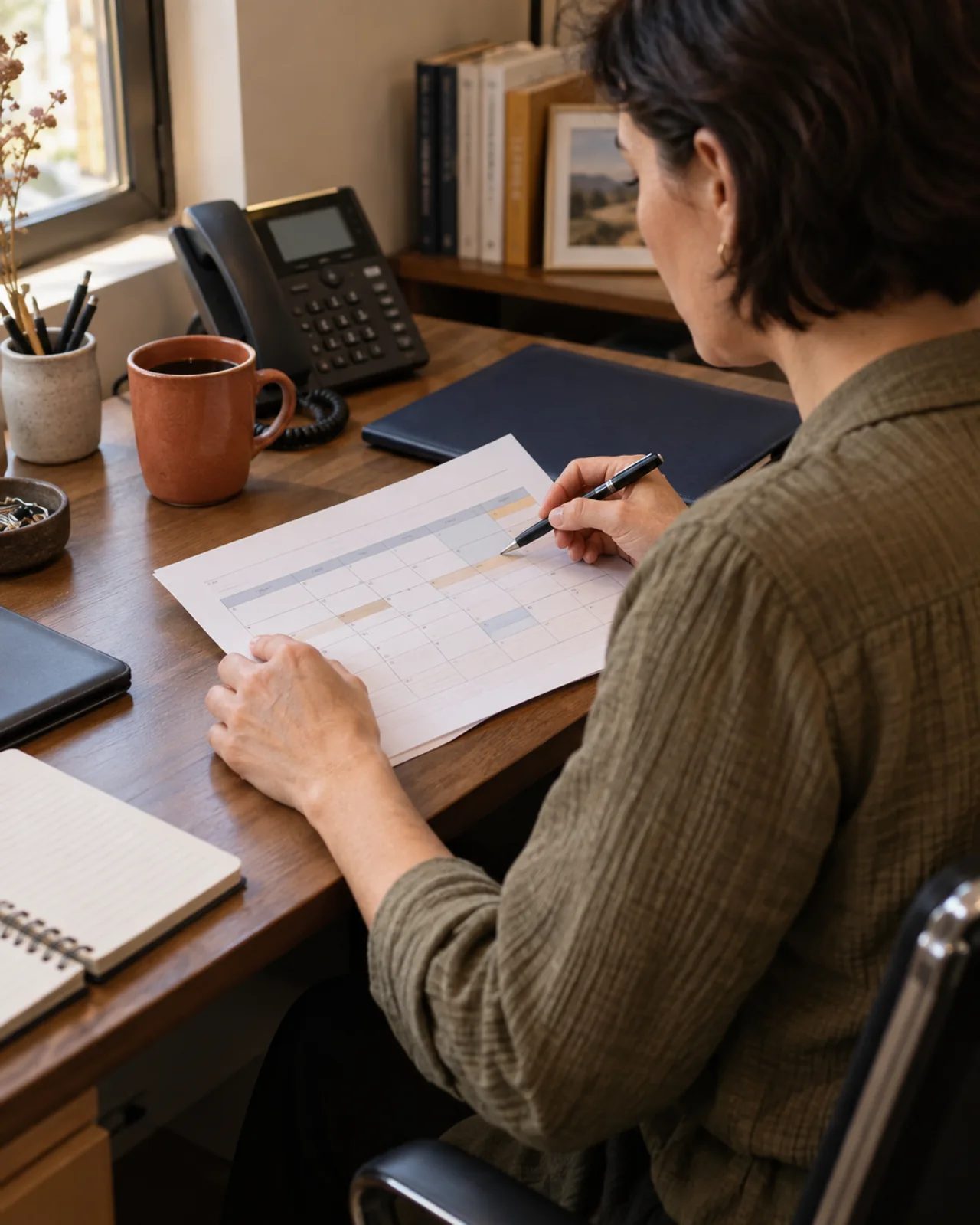 Illustrative scene of a practice manager reviewing a staffing plan at an office desk.