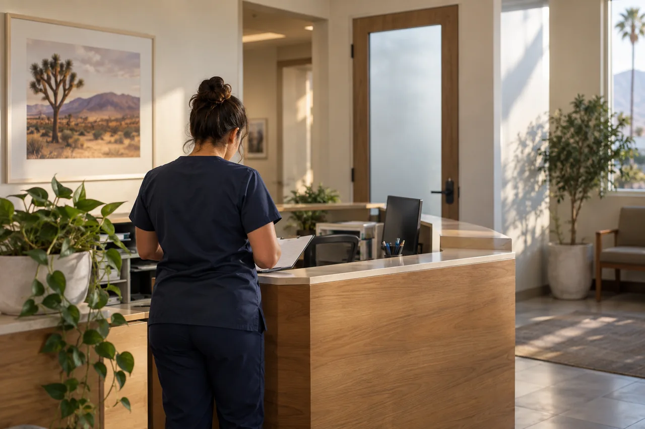 Illustrative scene of a healthcare professional preparing a clinic reception area.