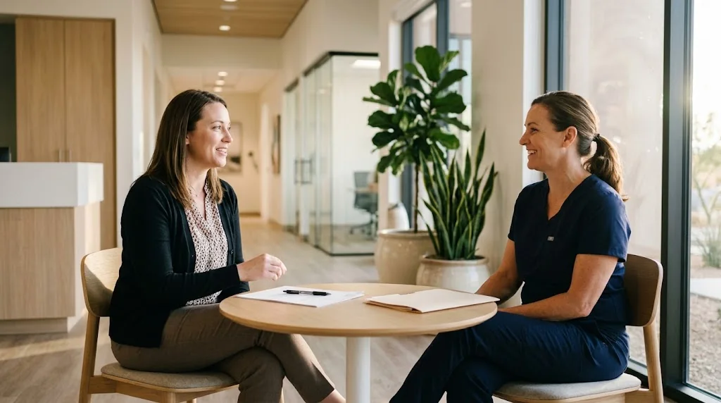 A practice manager and a nurse in navy scrubs talking at a small table in a bright clinic